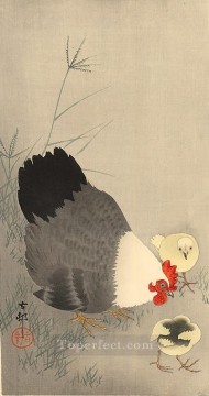 小原古邨 Painting - 草の中の雌鶏と二羽の雛 大原古邨新版画